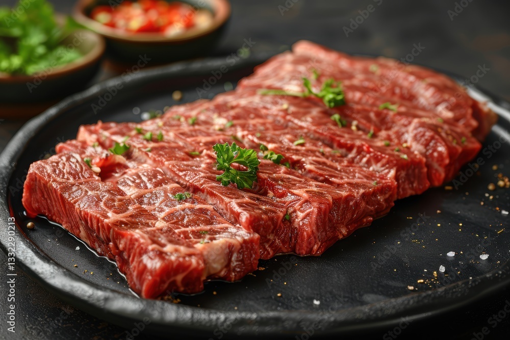 sliced beef steak on black plate. sliced beef steak on black plate.