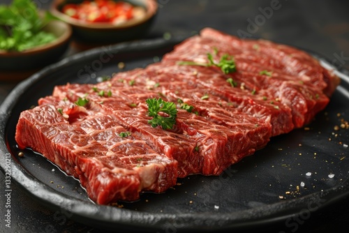 sliced beef steak on black plate.