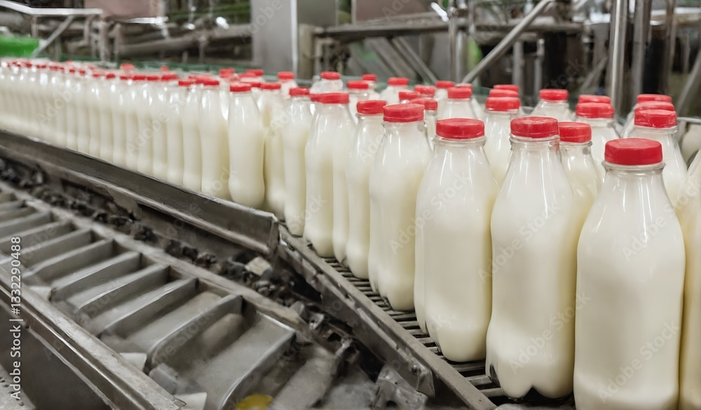 Milk factory. Robotic factory line for processing and bottling of milk