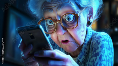 Wallpaper Mural Panic grandma elder woman in glasses was scam and fraud by online social media internet cyber crime in 3D cartoon styled. Torontodigital.ca