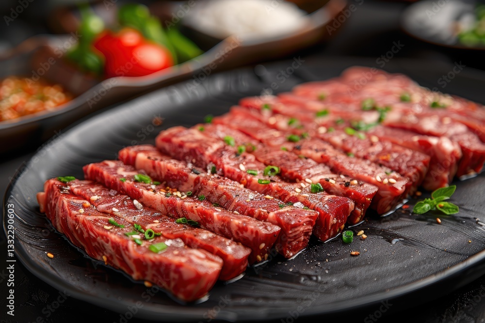 Sliced beef steak on a black plate. Sliced beef steak on a black plate.