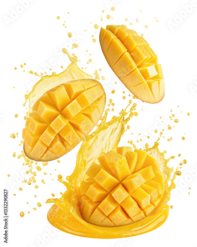 Fresh mango slices splashing in juice, vibrant and juicy fruit