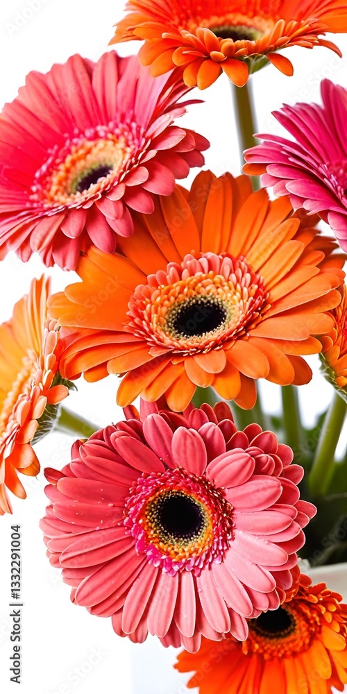 Red orange gerbera flowers on white