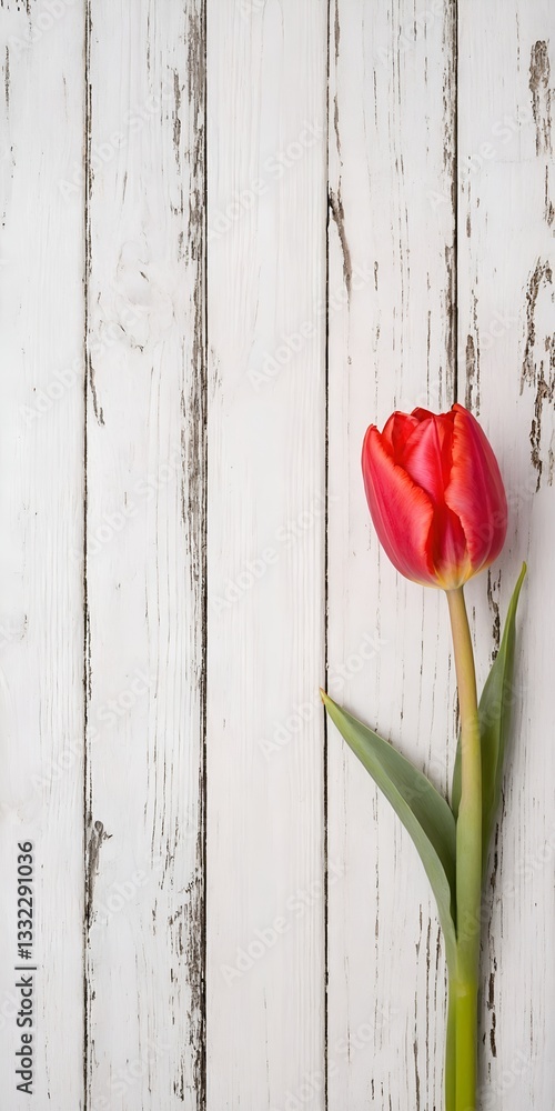 Red tulip flower on white wooden table background. Mothers Day.
