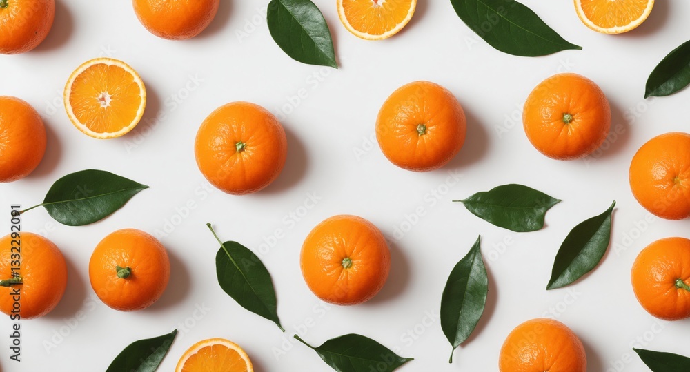 Fresh orange with green leaves on white. Food background. Top view