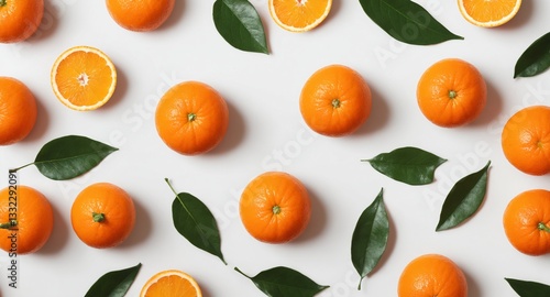 Obraz na płótnie Fresh orange with green leaves on white. Food background. Top view w salonie