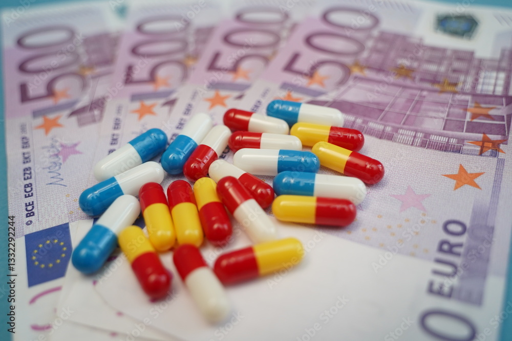 Euro banknotes and a handful of capsule tablets. Medicines. Medical expenses. Dependence. Euro banknotes and a handful of capsule tablets. Medicines. Medical expenses. Dependence.
