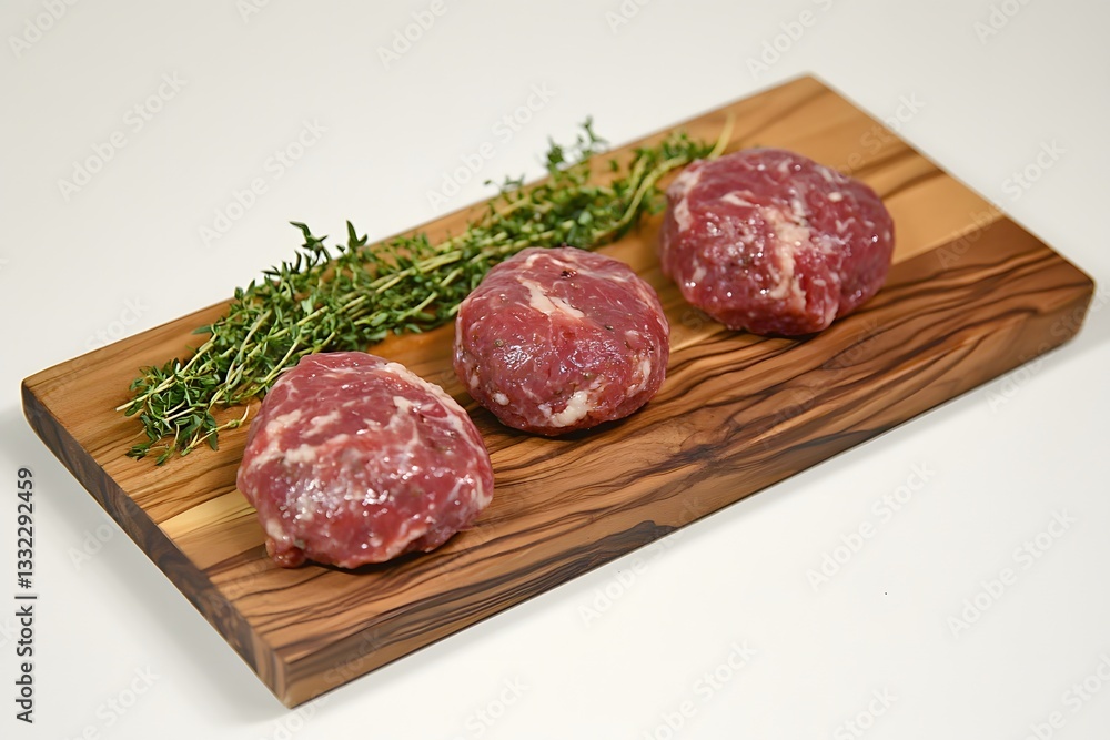 Juicy Raw Meatballs on Wooden Board with Thyme Juicy Raw Meatballs on Wooden Board with Thyme