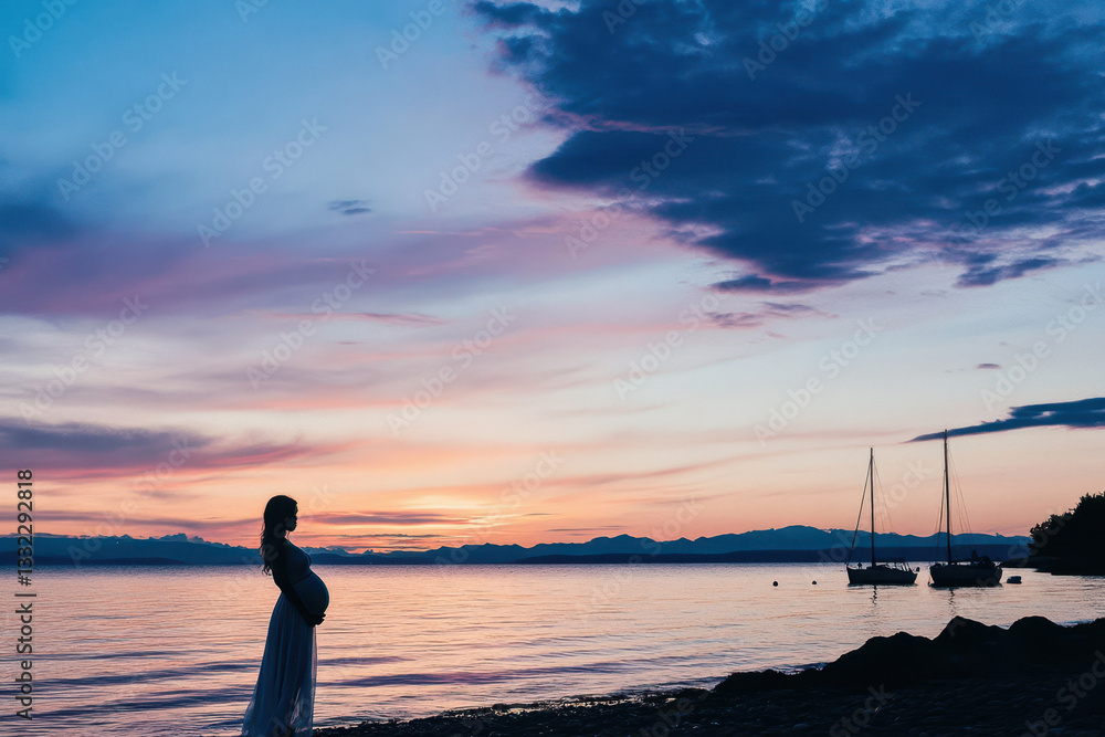 Fototapeta premium Expecting mother enjoying a serene sunset by the water with boats