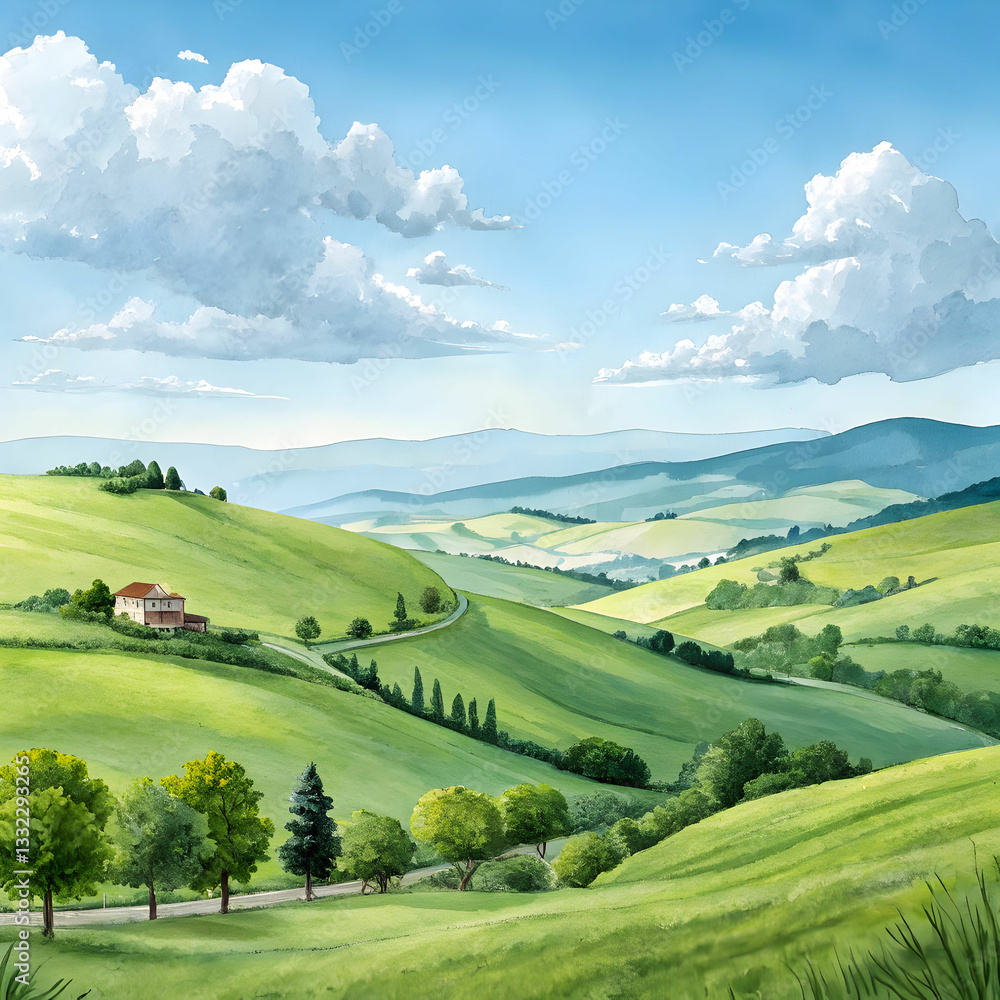 Fototapeta premium a watercolor painting of a peaceful countryside