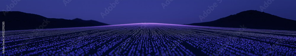 Fototapeta premium Mystical Lavender Field at Dusk: An ethereal image of a vast lavender field stretches towards the horizon. The twilight sky bathes the scene in soft, cool hues, with hints of mountains silhouettes.