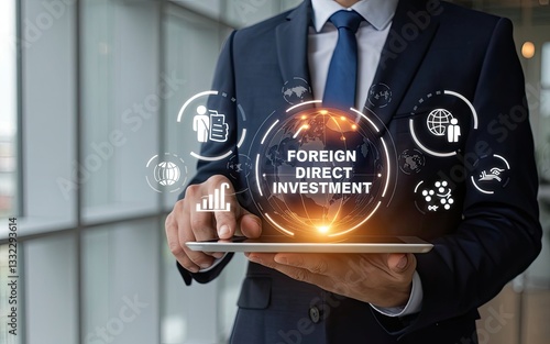Global Investment: A sharply dressed businessman utilizes a tablet, a holographic globe with 
