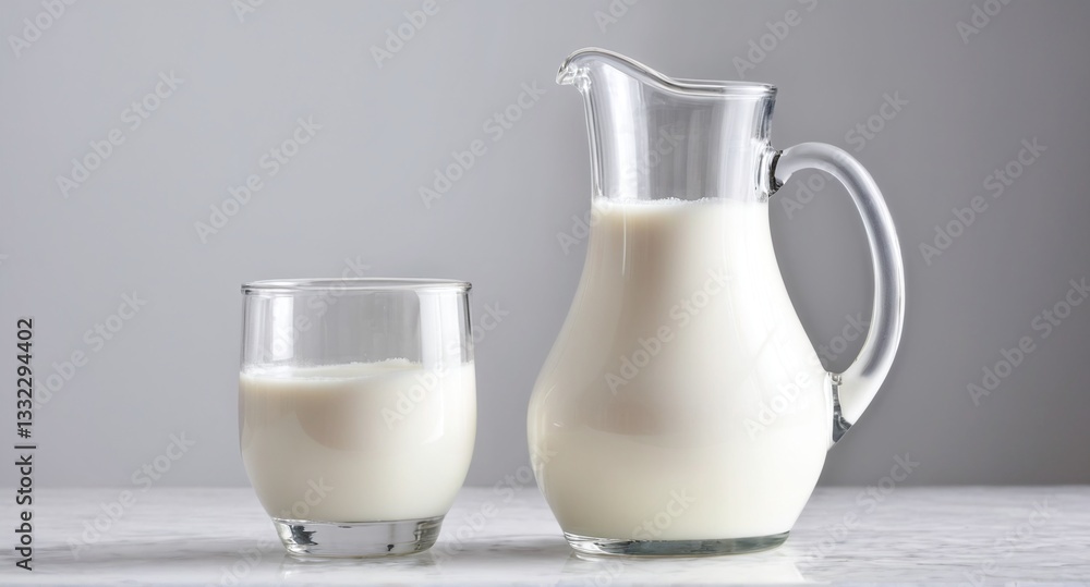 Milk glass and pitcher jug on grey background.