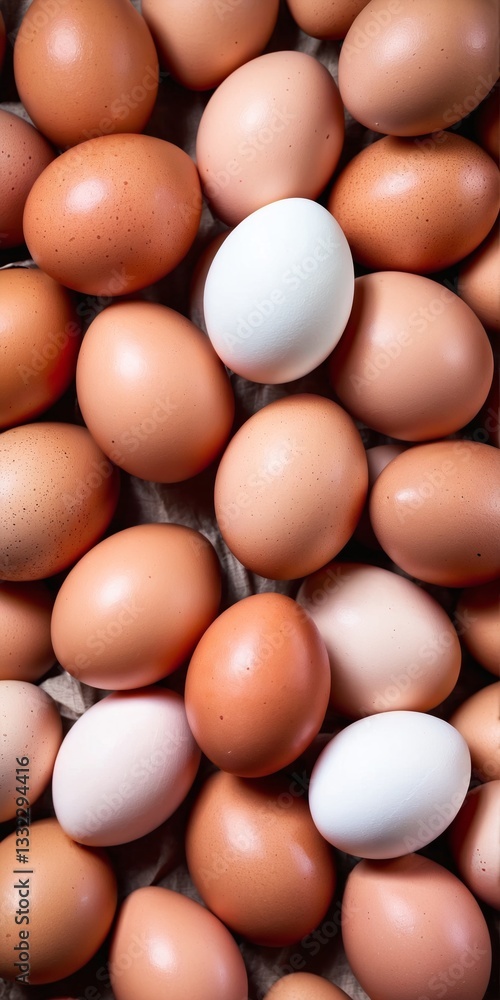 Fresh chicken eggs for sale at market. Food background. Generative AI