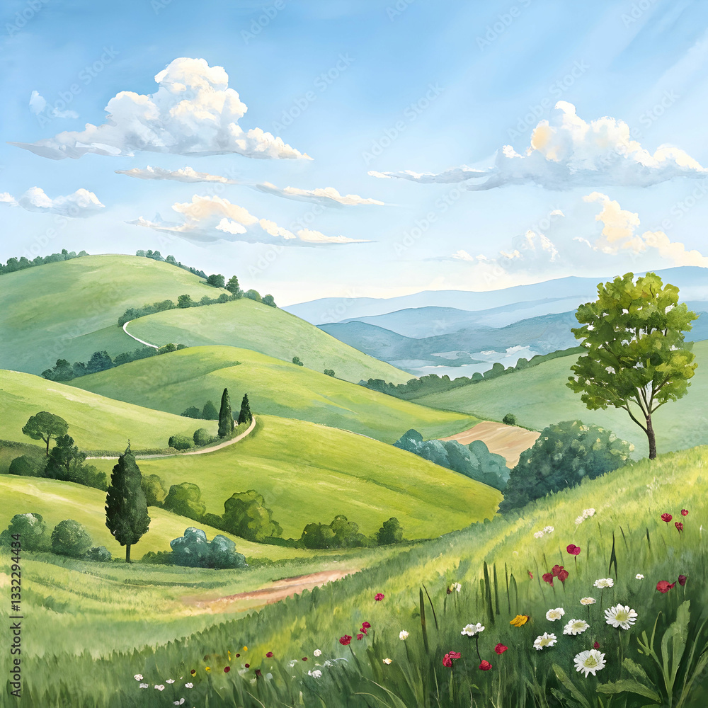 Fototapeta premium a watercolor painting of a peaceful countryside