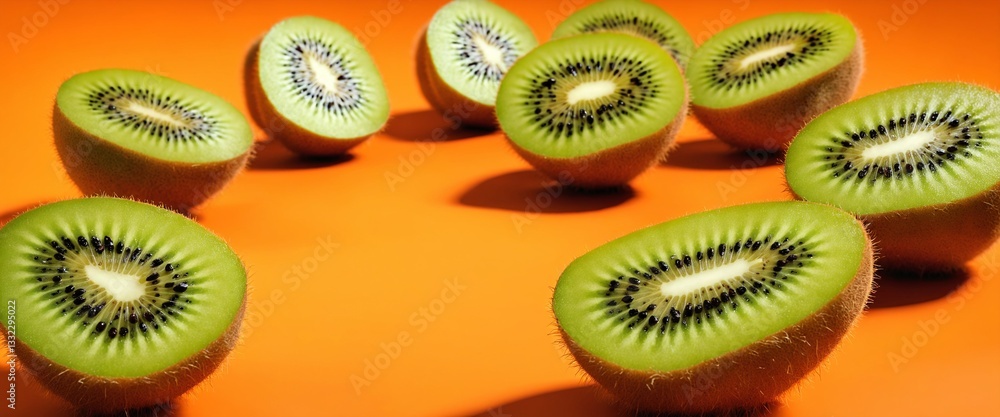 Sliced delicious ripe kiwi fruit on orange background