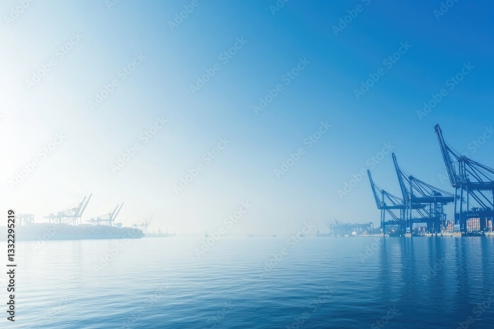 dynamic scene featuring bustling seaport with towering cranes offloading containers from cargo ships under clear blue dynamic scene featuring bustling seaport with towering cranes offloading containers from cargo ships under clear blue