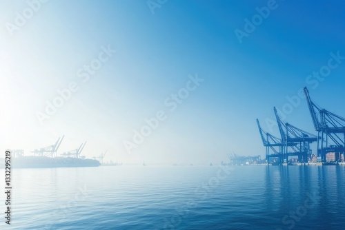 dynamic scene featuring bustling seaport with towering cranes offloading containers from cargo ships under clear blue