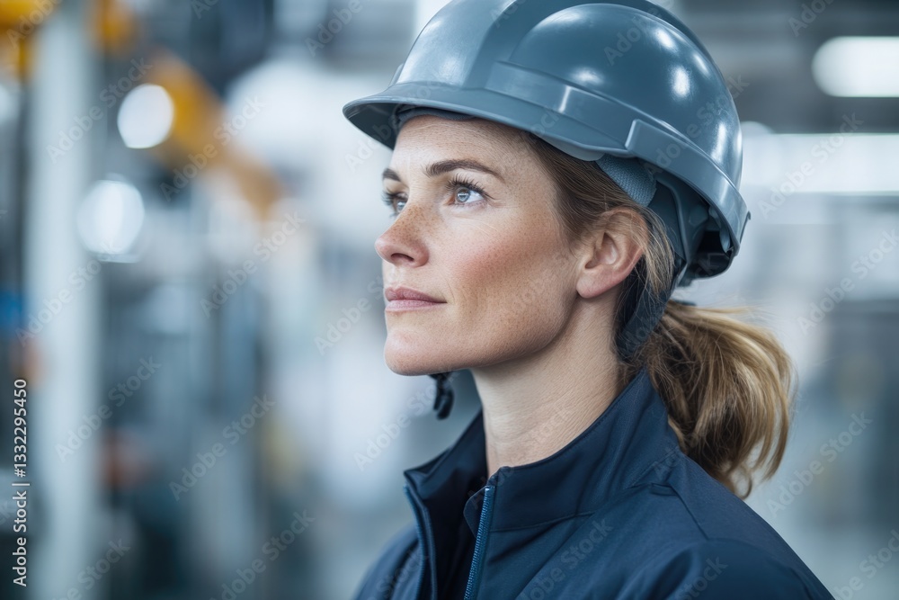 factory worker wearing protective helmet glances into distance standing against softly blurred industrial backdrop factory worker wearing protective helmet glances into distance standing against softly blurred industrial backdrop