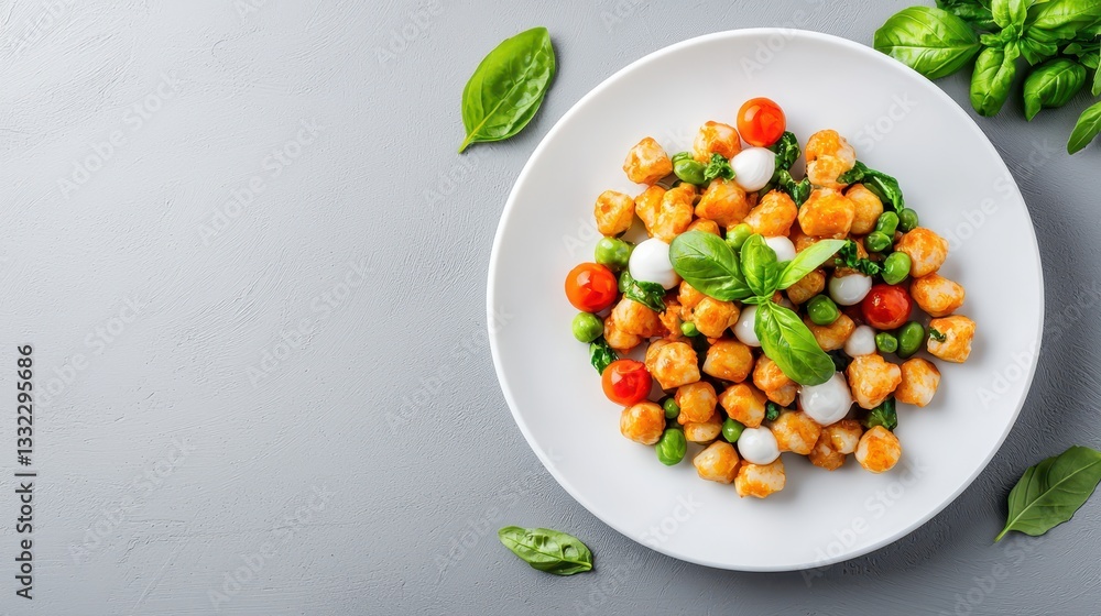 Delicious gnocchi salad with fresh basil kitchen table food photography bright lighting close-up culinary art Delicious gnocchi salad with fresh basil kitchen table food photography bright lighting close-up culinary art