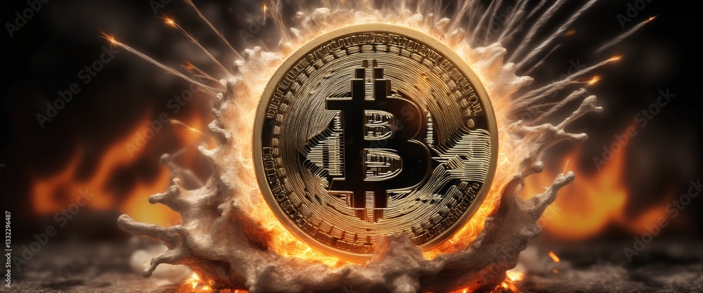 Fiery Bitcoin Explosion: Digital Currency Concept with Gold Coin Amidst Flames and Sparks