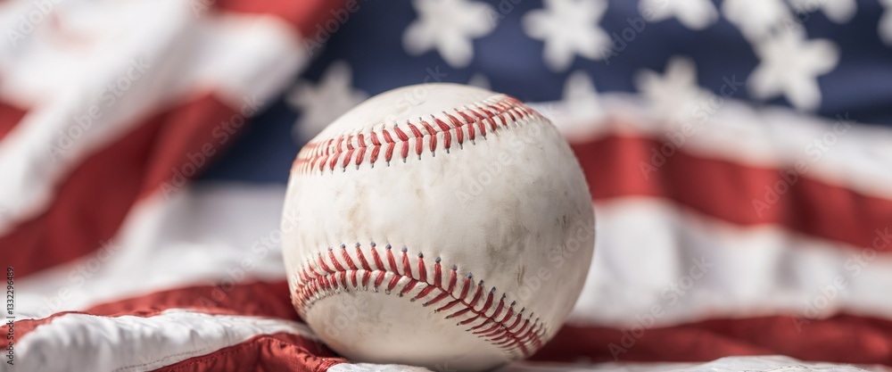 white baseball is set against a waving American flag.