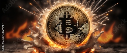 Obraz na płótnie Fiery Bitcoin Explosion: Digital Currency Concept with Gold Coin Amidst Flames and Sparks w salonie