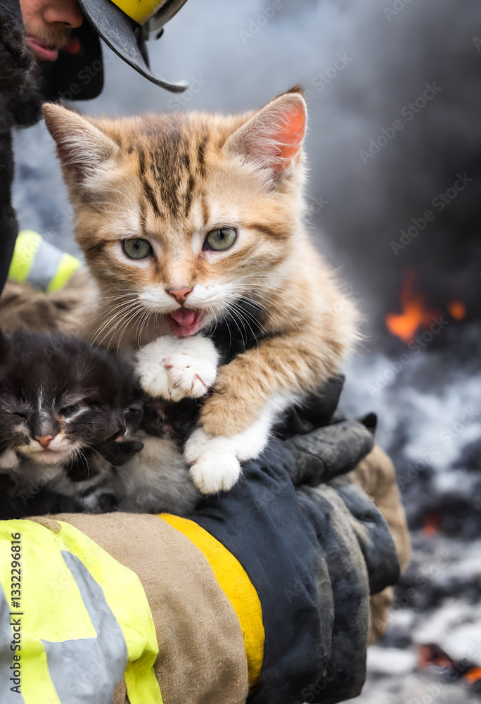 Fireman holds saved cat in his arms. Fire fighting operation.