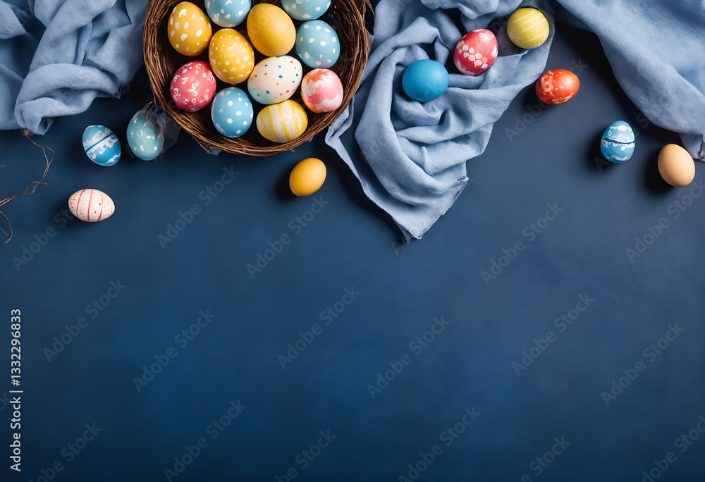 Easter painted eggs on dark blue background.