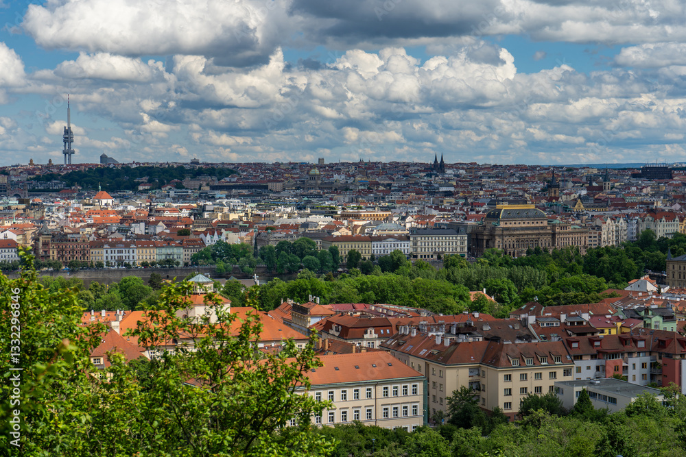 Fototapeta premium Aerial view of Prague historical center. Mala Strana, Nove Mesto, Zizkov TV tower