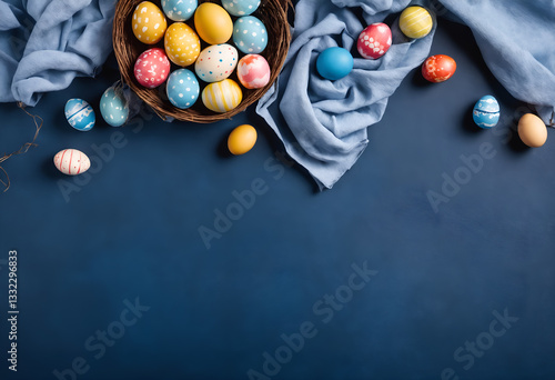 Obraz na płótnie Easter painted eggs on dark blue background. w salonie