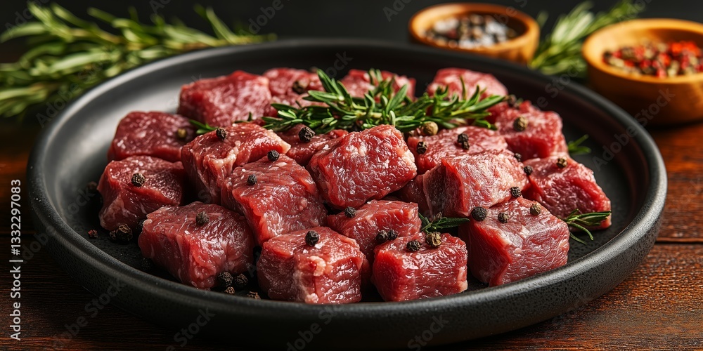Ingredients for goulash or stew cooking: raw meat, herbs, spices, vegetables and spoon of salt on rustic wooden background, top view. Banner for website Ingredients for goulash or stew cooking: raw meat, herbs, spices, vegetables and spoon of salt on rustic wooden background, top view. Banner for website