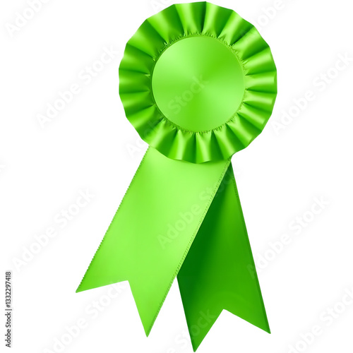 A green award ribbon featuring a circular top and flowing tails, commonly associated with achievement and recognition.