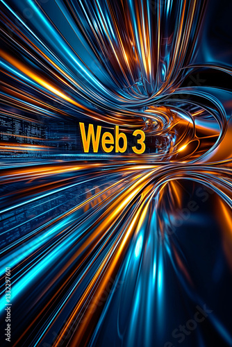 Dynamic digital tunnel with blue and orange neon lights, creating a futuristic flow. The bold "Web 3" text represents blockchain, decentralization, and innovation.