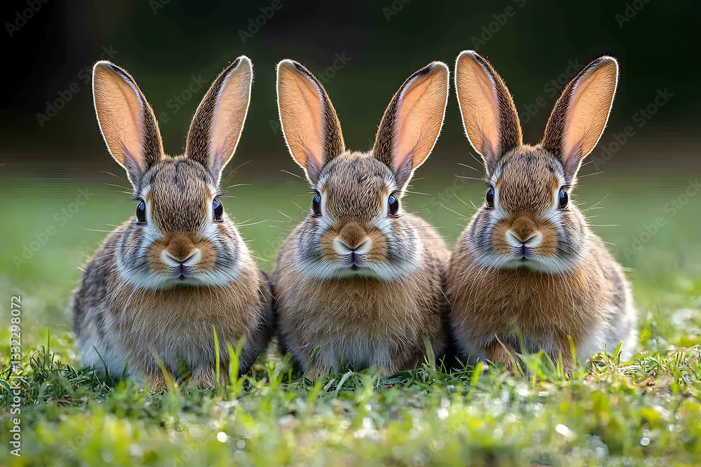 Fototapeta premium Three Playful Rabbits on Green Grass in Natural Spring Setting
