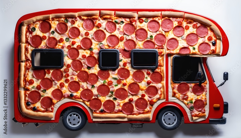 Delicious pizza fastfood meal. Food background with motor home
