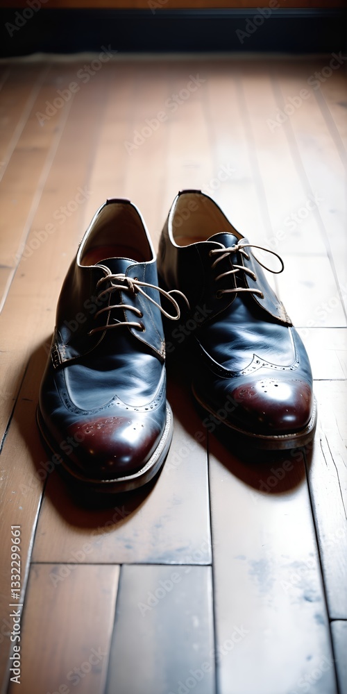 Used male leather shoes on wooden floor.