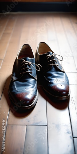 Obraz na płótnie Used male leather shoes on wooden floor. w salonie
