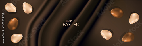 Happy Easter holiday banner or newsletter header. easter eggs on brown canvas. vector illustration. Dark brown silk fabric curtain background 2025. mocha mousse