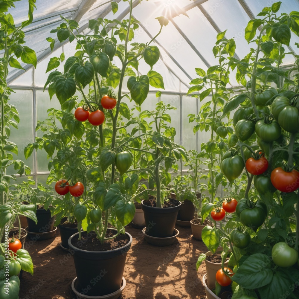 Tomato plants in greenhouse with sunlight filtering through leaves