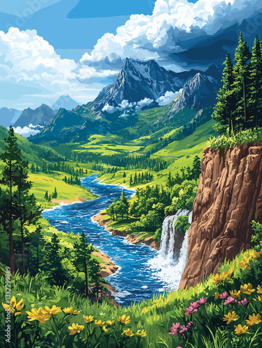 Stunning illustration of a mountain landscape featuring a flowing river, cascading waterfall, lush green meadows, vibrant wildflowers, and towering snow-capped peaks under a bright blue sky