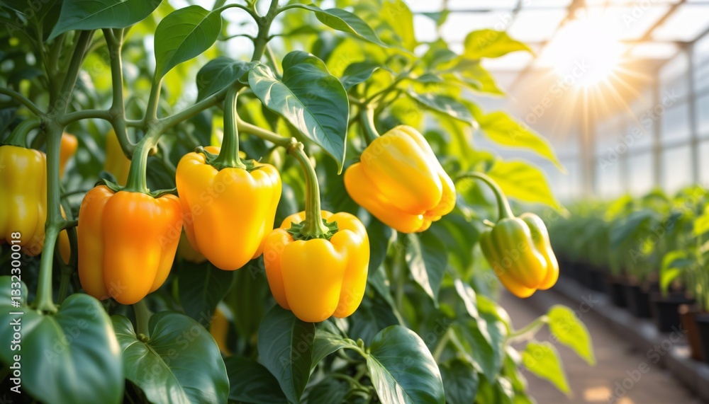 yellow bell peppers growing inside a greenhouse , AI