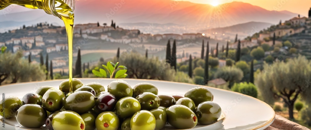 Olive oil and delicious olives on background of picturesque olive grove and mountain village.