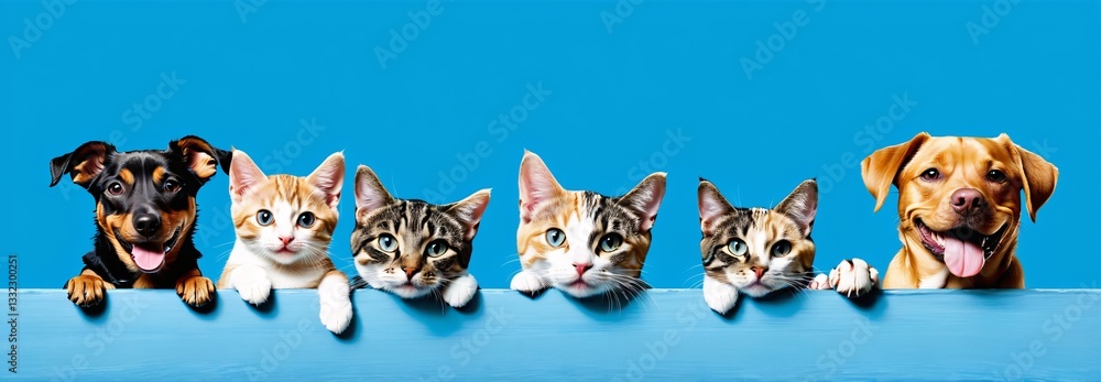 Dogs and Cats, peeking over the clear solid top line, petshop banner, happy, smile, funny.