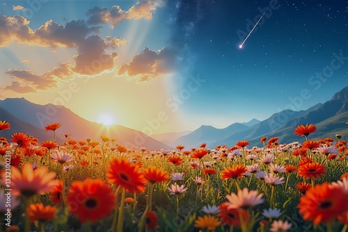 Day Meets Night: Mountain Landscape with Gerberas and Daisies