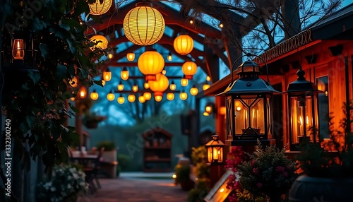Wallpaper Mural Serene Evening Pathway Adorned with Warm Lanterns and Decorative Lights in a Tranquil Garden Setting Torontodigital.ca