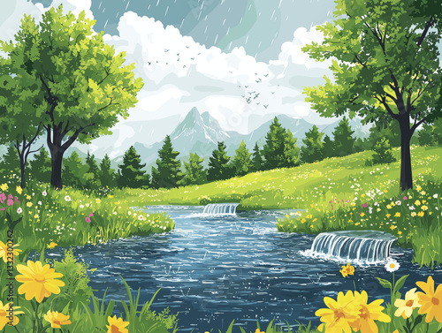 Beautiful illustration of a serene landscape with a flowing river, small waterfalls, lush green meadows, blooming yellow flowers, and distant mountains under a cloudy, rainy sky