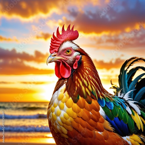 Colorful rooster, farm animal chicken on nature