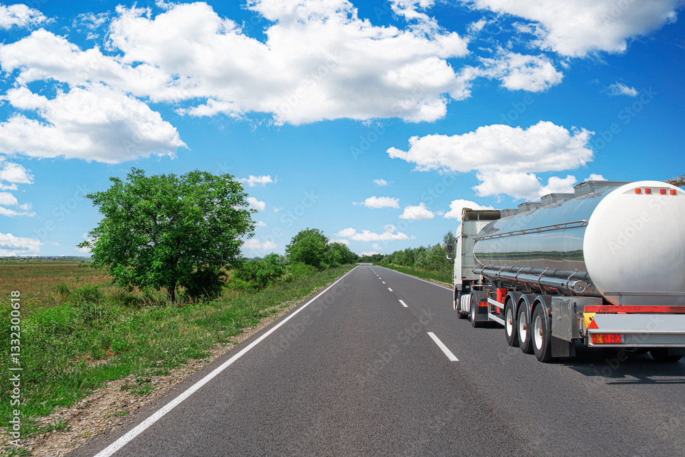 A large fuel tanker truck travels along a straight, open highway surrounded by lush greenery and a bright blue sky with scattered white clouds, reflecting the peaceful countryside landscape.