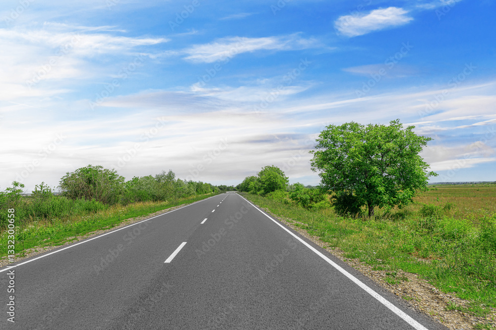 A dynamic image of an open highway surrounded by greenery, with a motion blur effect on the sides, leading into the horizon under a bright blue sky with wispy clouds.